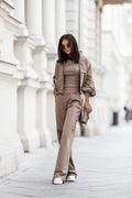 ensemble coton stretch sweat capuche zippé col montant débardeur côtelé fines bretelles pantalon taille haute poches latérales jambes évasées