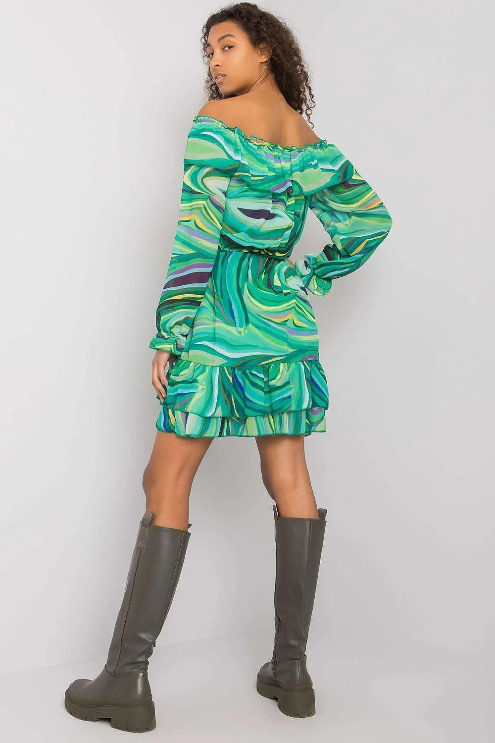 Robe de jour Italy Moda style espagnol décolleté Bardot manches longues élasthanne polyester viscose taille universelle 85 cm 92 cm
