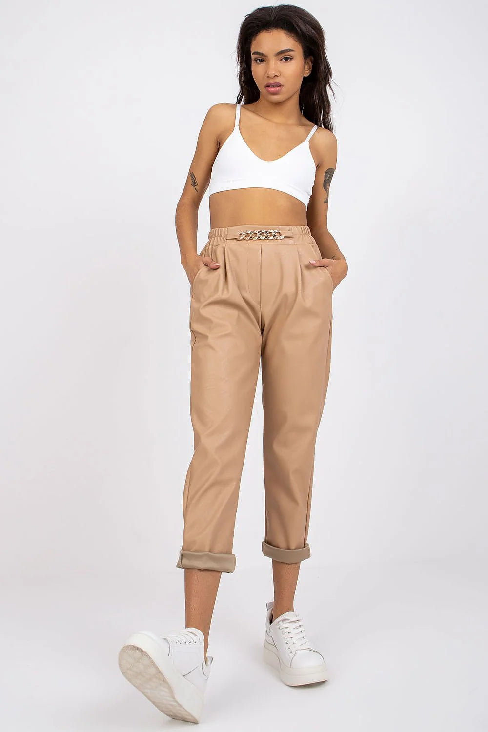 Pantalon Femme Italie Moda Cuir Écologique Rose Taille Haute Élastique Poches Curseurs Chaines Décoratives Occasions Formelles ou Casuals