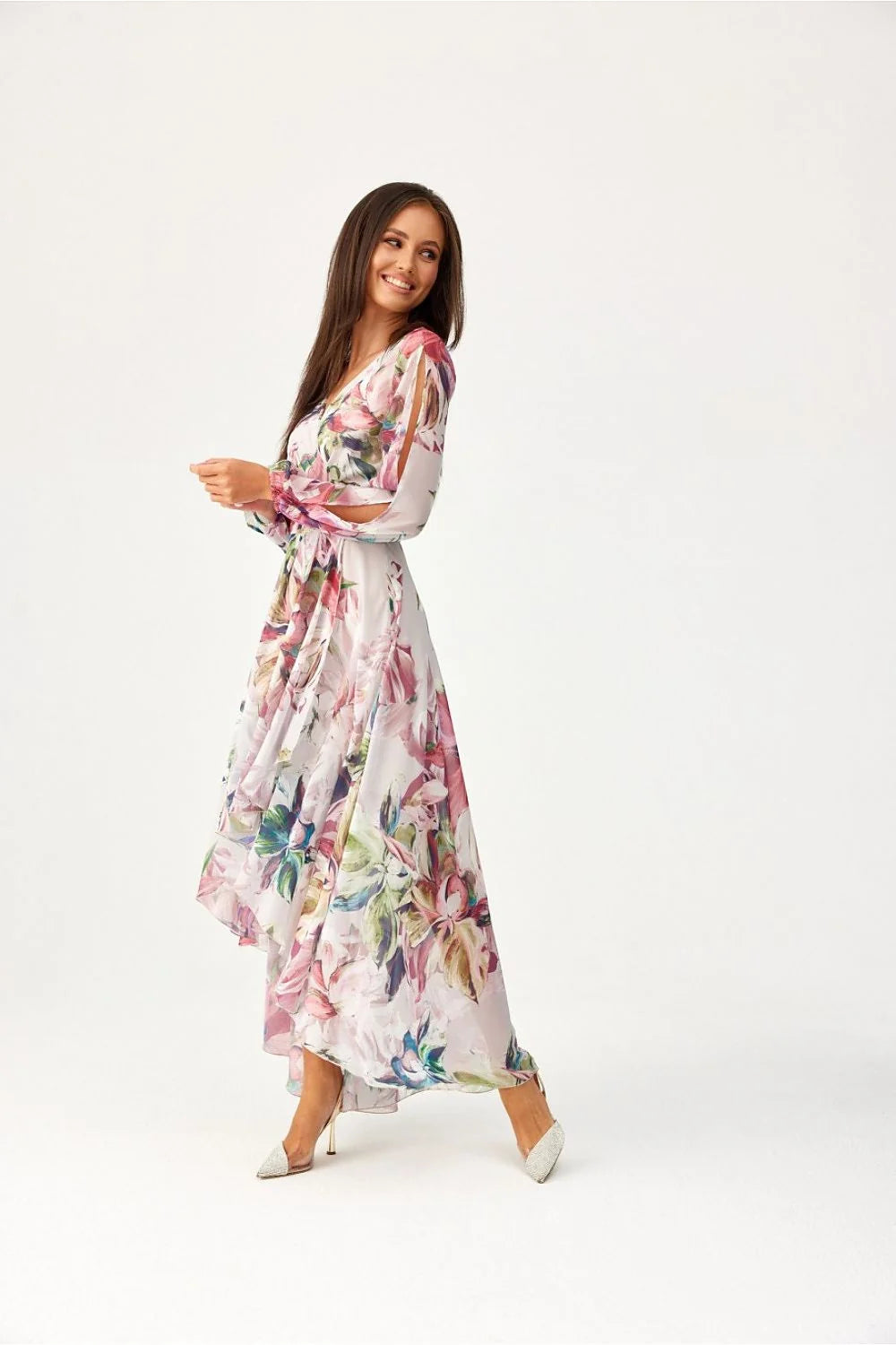 Robe de jour élégante en mousseline imprimée floral V-neck empire manches longues ceinture intégrée femme