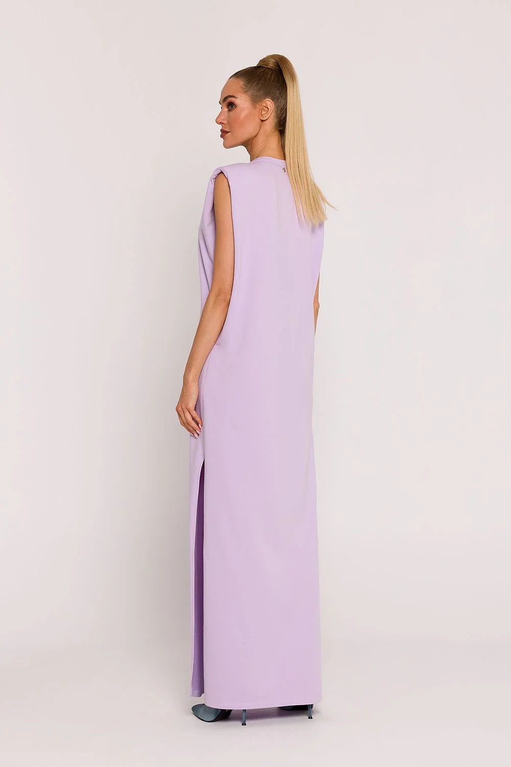 Robe de jour élégante en maille lilas pâle coupe droite fente latérale sans manches femmes