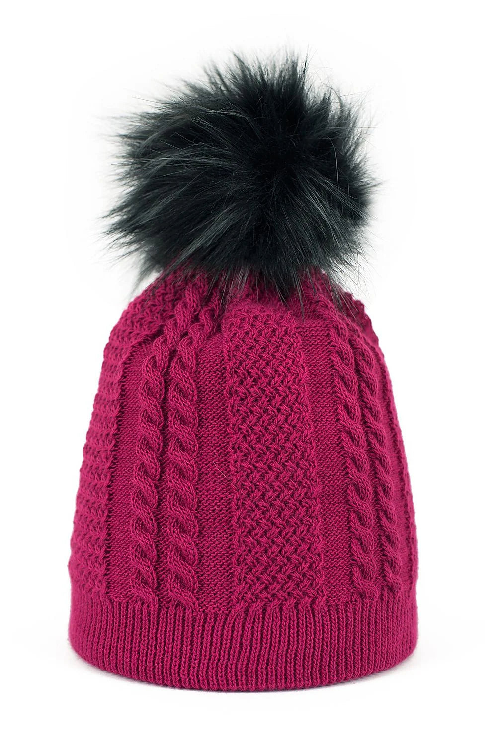 Bonnet en tricot pour femme design classique élégant motif torsades rose framboise pompon fourrure noire hiver mode accessoire