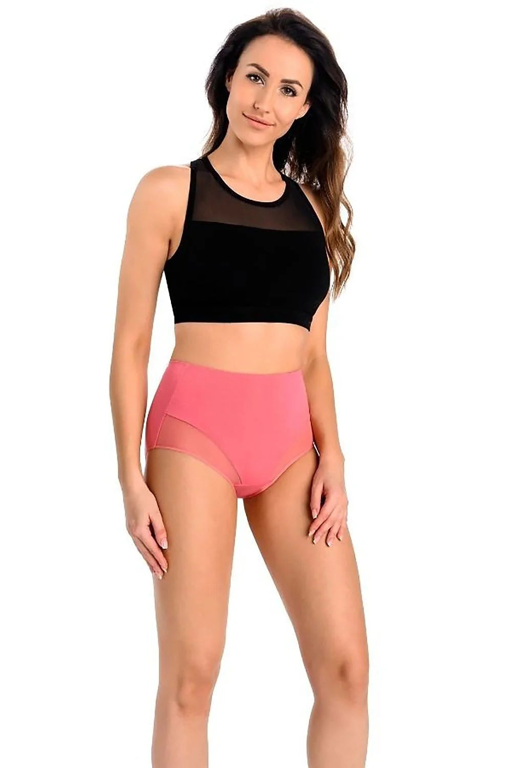 Culotte féminine taille haute en coton corail avec ceinture nombril mesh résille haut court