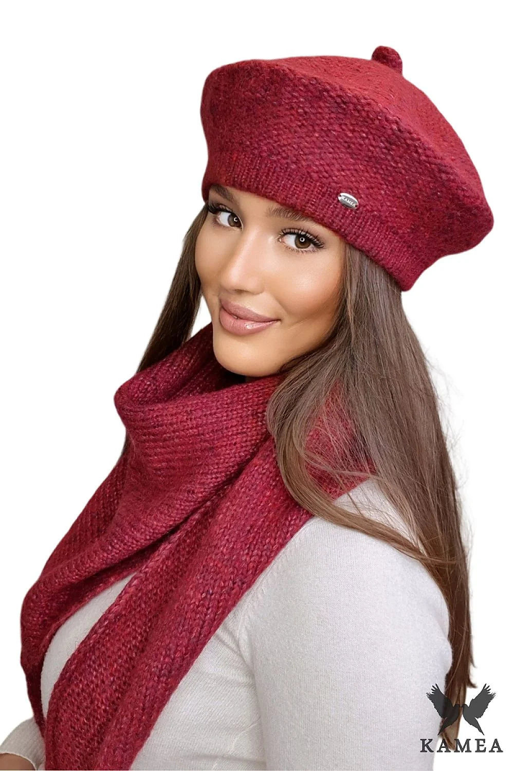 Béret et écharpe Ofelia en laine mérinos couleur vin pour femme, style élégant hiver 2023