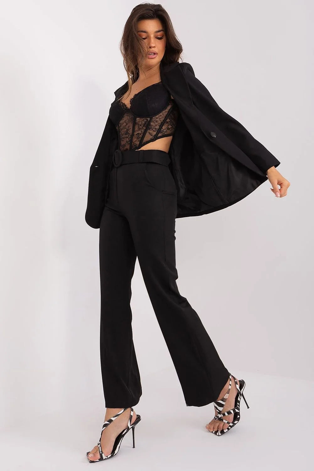 Pantalon femme taille haute jambes larges ceinture intégrée tissu brillant polyester高品質 noir élégant occasion formelle