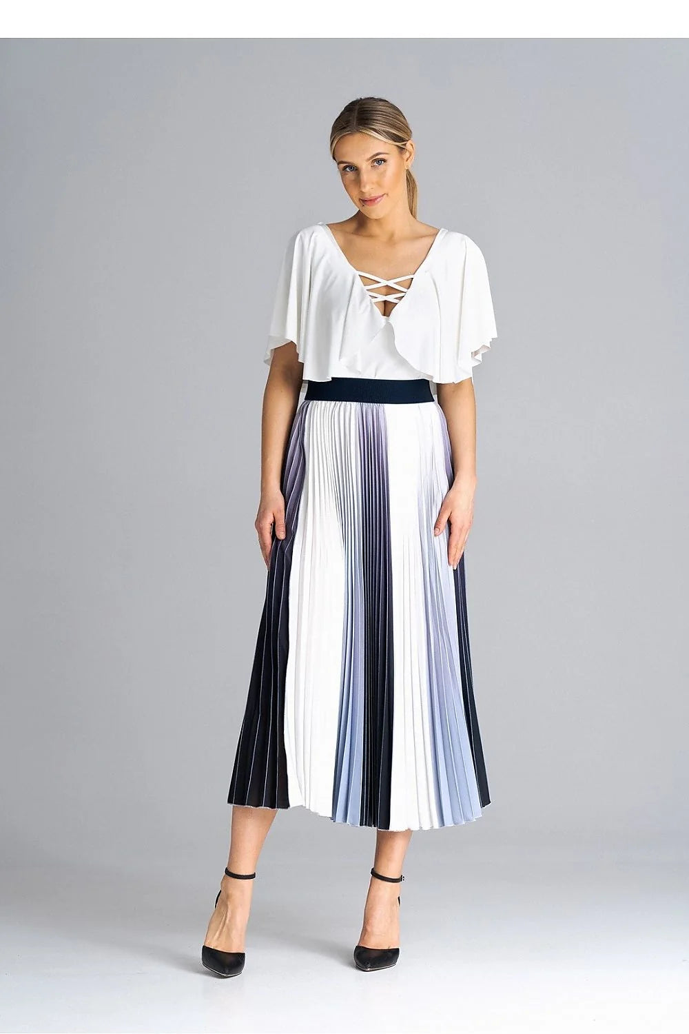 Jupe midi plissée avec ceinture élastique, style élégant et versatile, polyester 100%, tailles XS à XL, parfaite pour les occasions formelles et décontractées