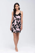Chemise de nuit Babella en viscose imprimée fleurs dentelle noire ajustables poitrinehanche taille SML