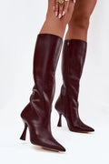 bottes femmes simili cuir bordeaux foncé bout pointu tige genou ajustée mollet fermeture éclair talon aiguille sculpté élégant soirée
