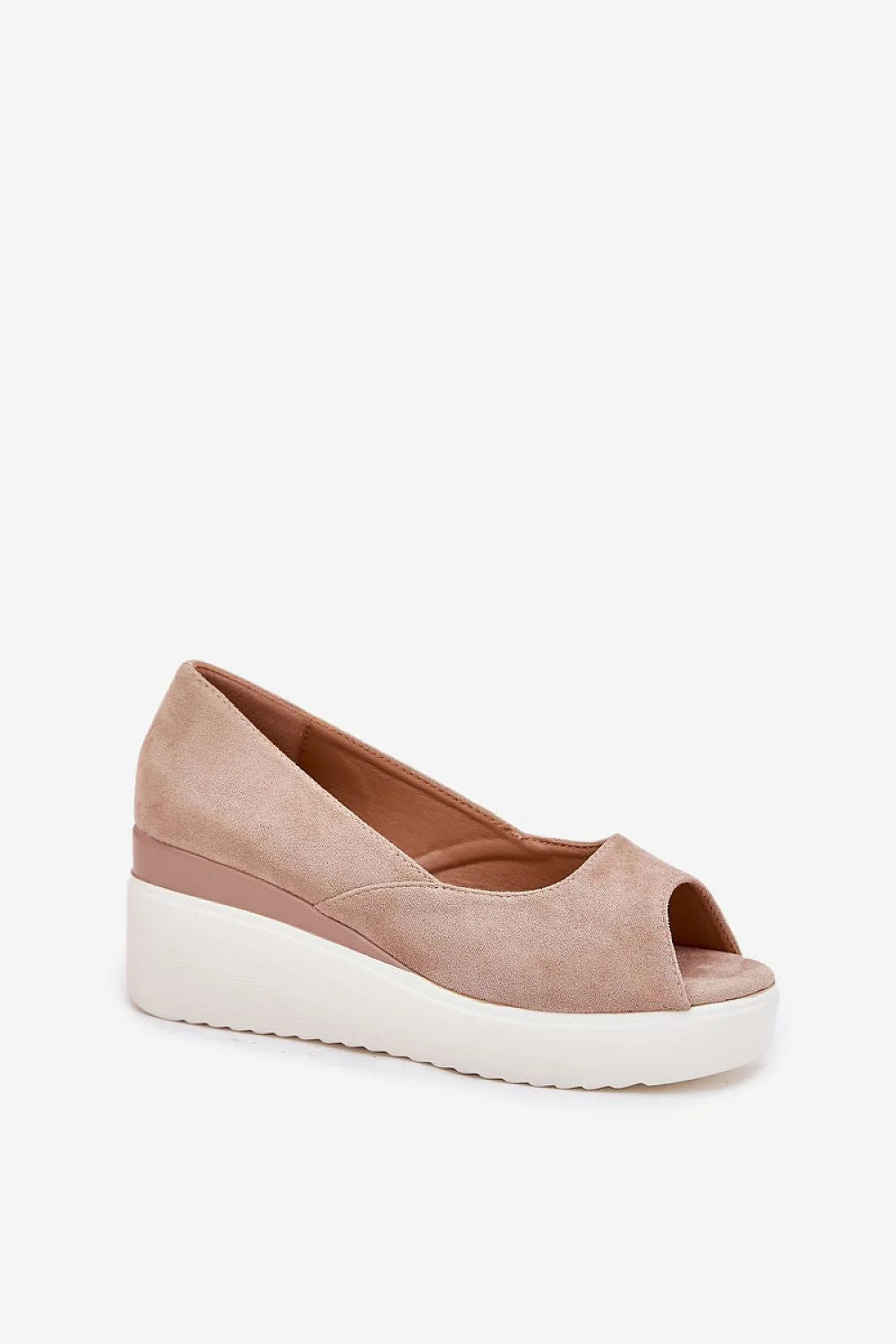 sandales femme compensées élégantes modernisées ouvertes peeptoe suédé synthétique écologique beige taupe plateforme blanche semelle rembourrée maintien cheville chaîne confortable