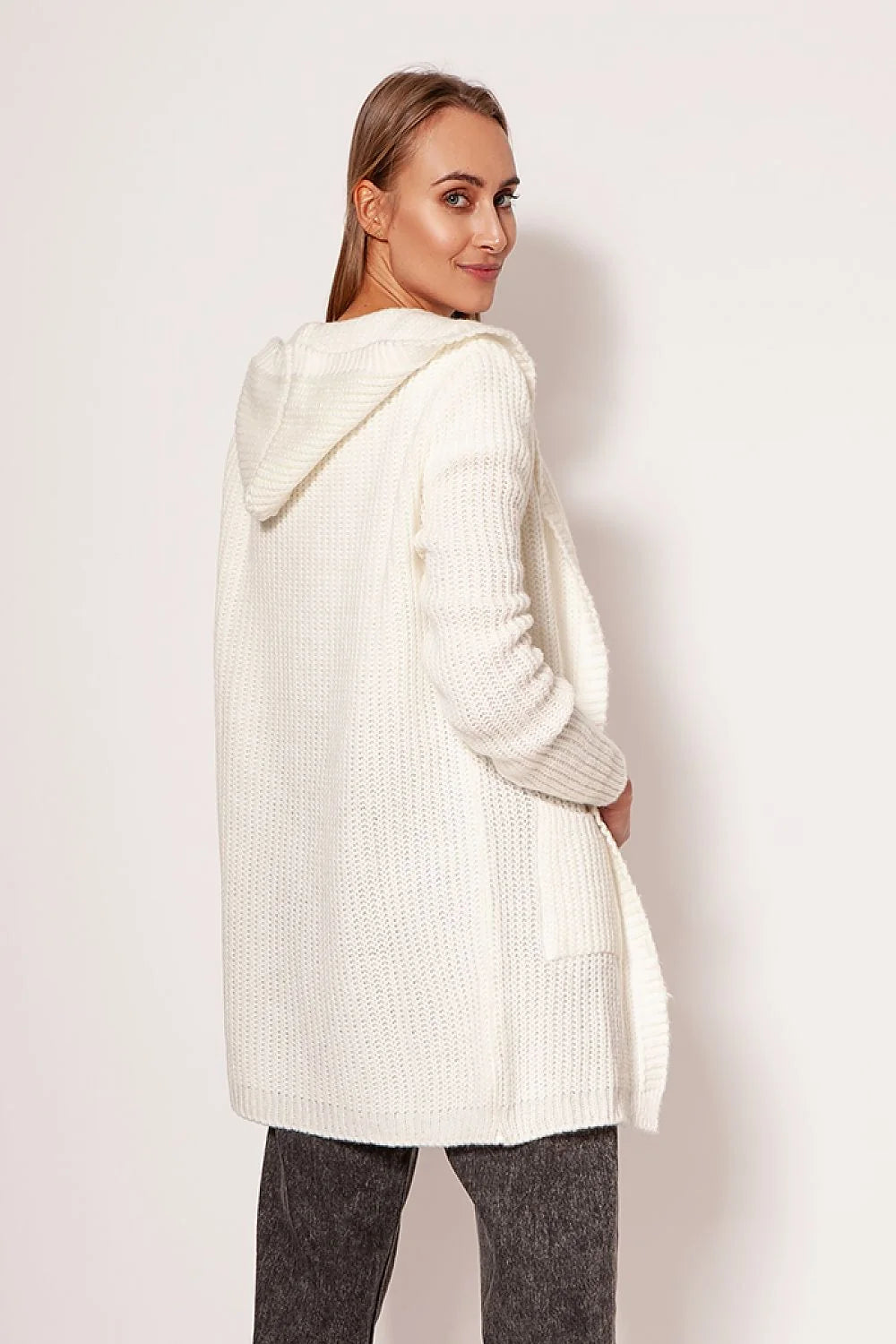 Cardigan long ouvert pour femme en tricot maille rouge vif coupe ample épaules tombantes manches longues poches intégrées matières mixtes acrylique polyester laine