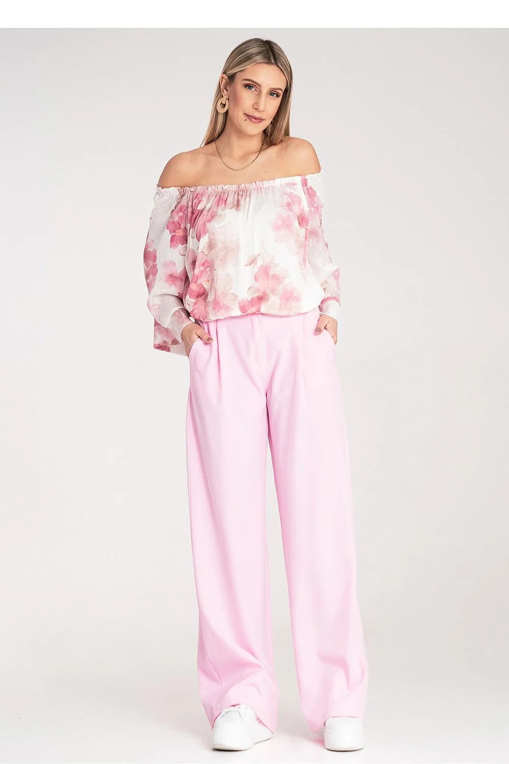 pantalon femme Figl élégant confortable taille haute coupe droite ample élastique arrière poches latérales polyester élasthanne rose pastel