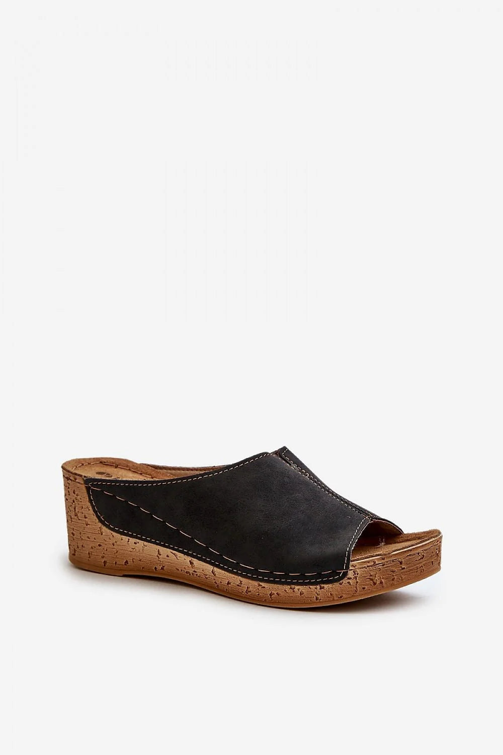 Mules compensées pour femmes en cuir noir semelle liège naturel style élégant et décontracté