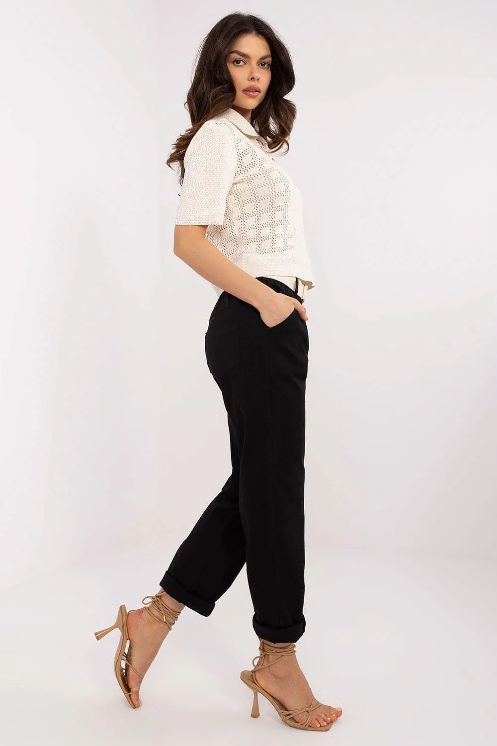 Pantalon femme Italy Moda élégant en tissu mélange polyester viscose taille haute jambes droites poches latérales ceinture tissu noir
