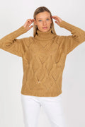 Pull à col roulé féminin ajouré manches longues motif losanges couleur camel coupe ajustée finitions côtelées matériau acrylique 100 %