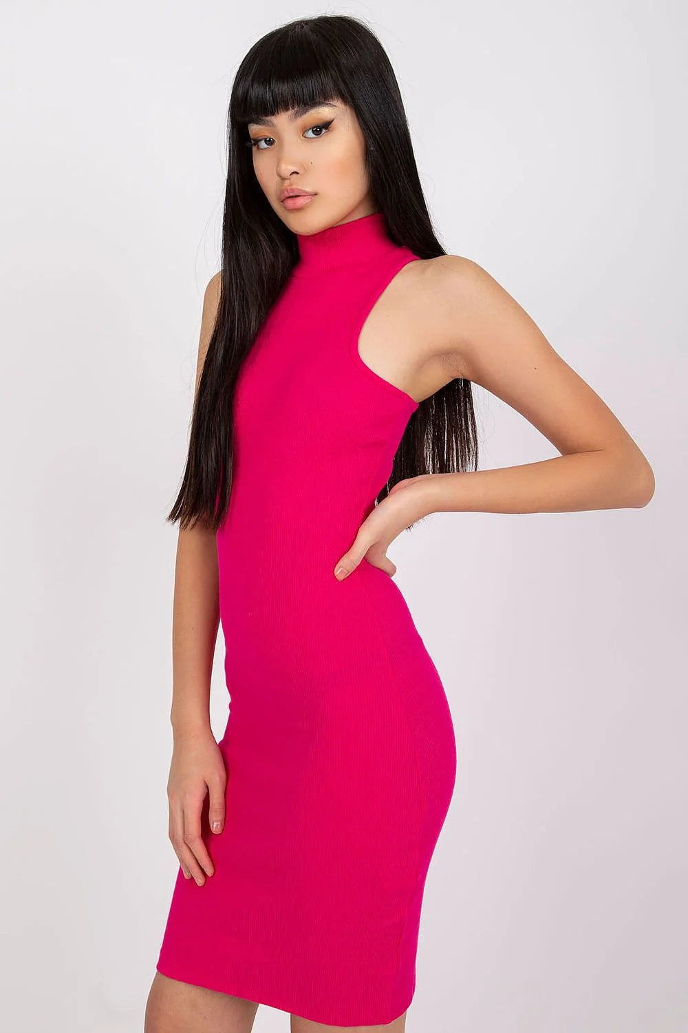 Robe de jour élégante tricot côtelé sans manches col montant rose vif ajustée occasionnels soirées femme