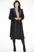 Manteau élégant long pour femme en tissu texturé noir avec capuche et col châle doublure satinée Awama