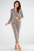 pantalon femme taille ajustable coupe ajustée cigarette cheville motifs carreaux beige marron noir tissu structuré confortable extensible polyester viscose élasthanne