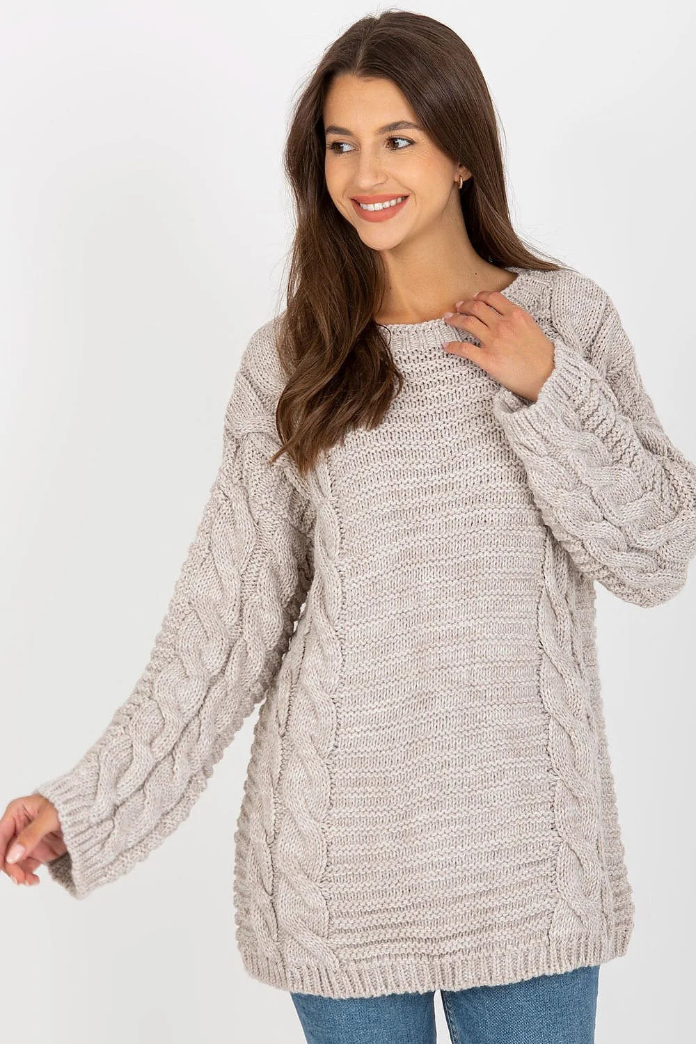 Chandail Rue Paris pull tricot maille torsadée manches longues col rond laine acrylique gris clair femme