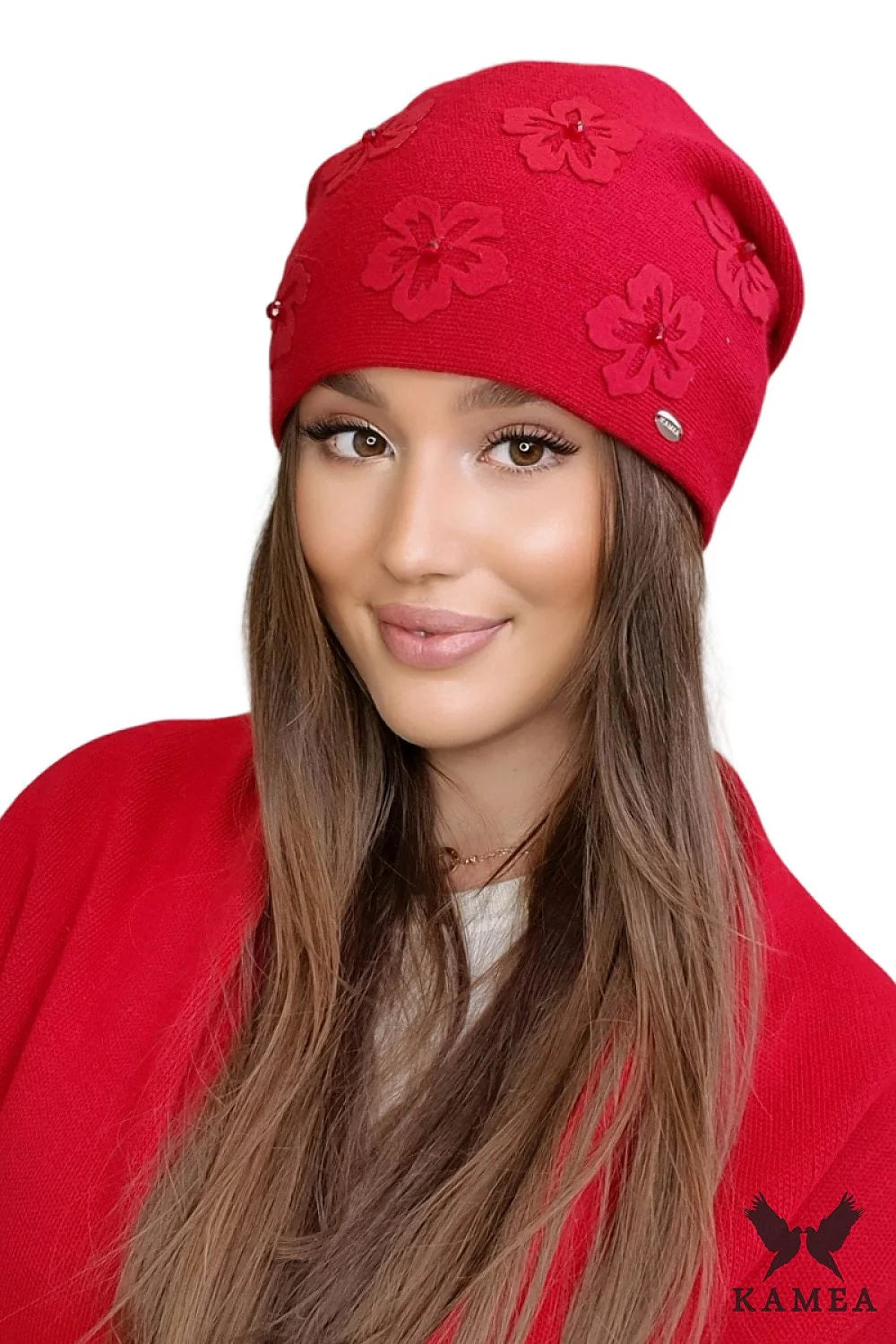 Bonnet élégant pour femme rouge audacieux motifs floraux en relief maille douce laine acrylique slouchy automne-hiver confort ajustement parfait style moderne