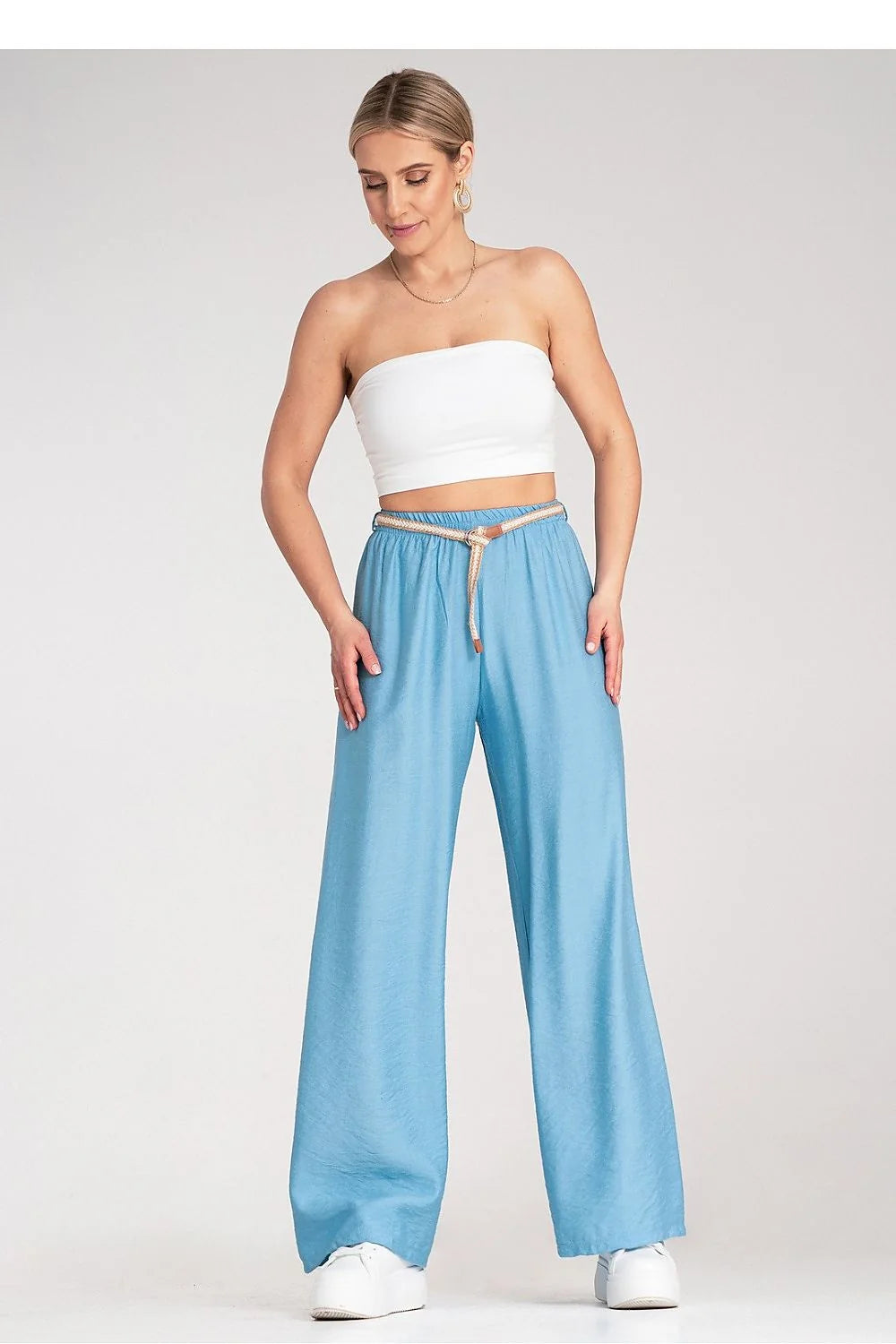 Pantalon femme Figl boho taille élastique ceinture tressée viscose 100% bleu clair style décontracté élégant été