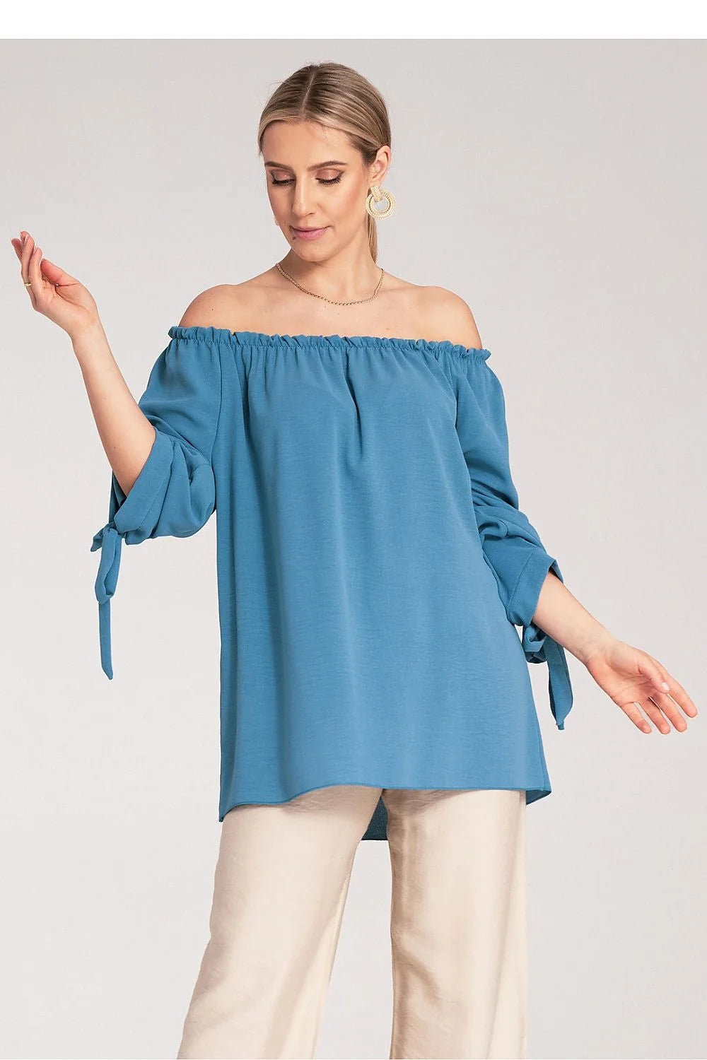 Chemisier femme style espagnol épaules dénudées manches nouées décolleté plissé bleu clair polyester élasthanne taille universelle