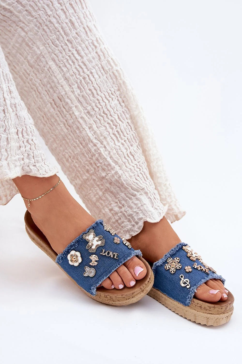 Sandales femmes style estival décontracté denim bleu doré argenté fleurs ours lapins motif musical LOVE