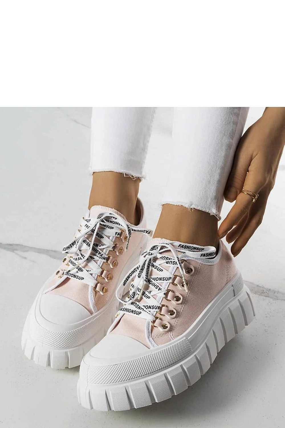 Baskets tendance pour femmes plateforme toile rose pâle métal doré lacet blanc confortable style urbain