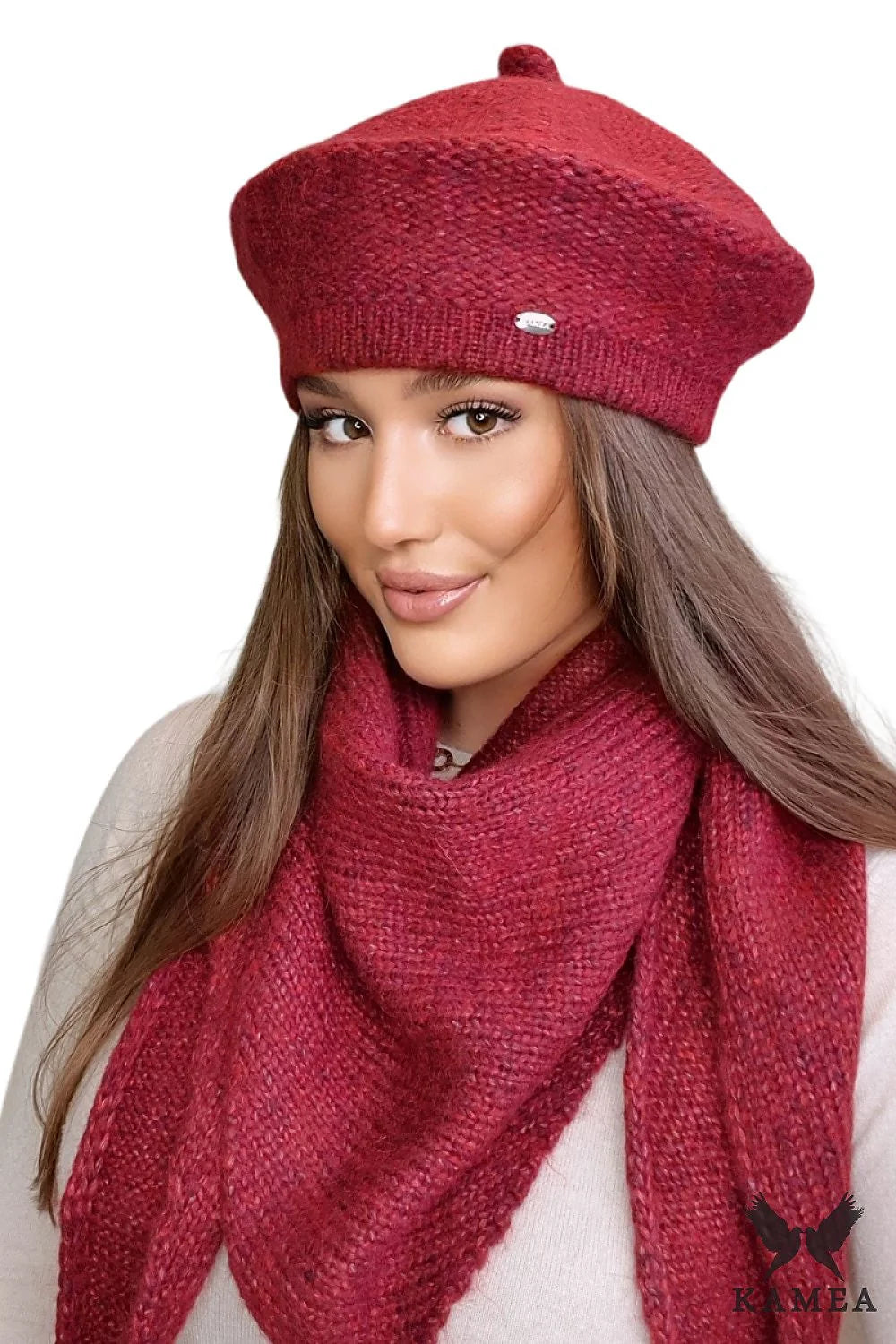 Béret et écharpe Ofelia en laine mérinos couleur vin pour femme, style élégant hiver 2023