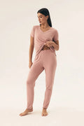 Pyjama Henderson femme confortable en coton élasthanne rose pâle coupe ample V-neck manches courtes pantalon élastique