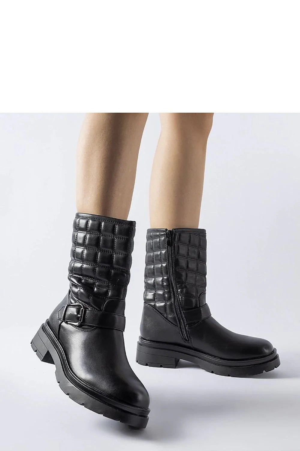 Bottes mi-hautes pour femmes design audacieux style urbain matelassé couleur noire fermeture éclair semelle antidérapante