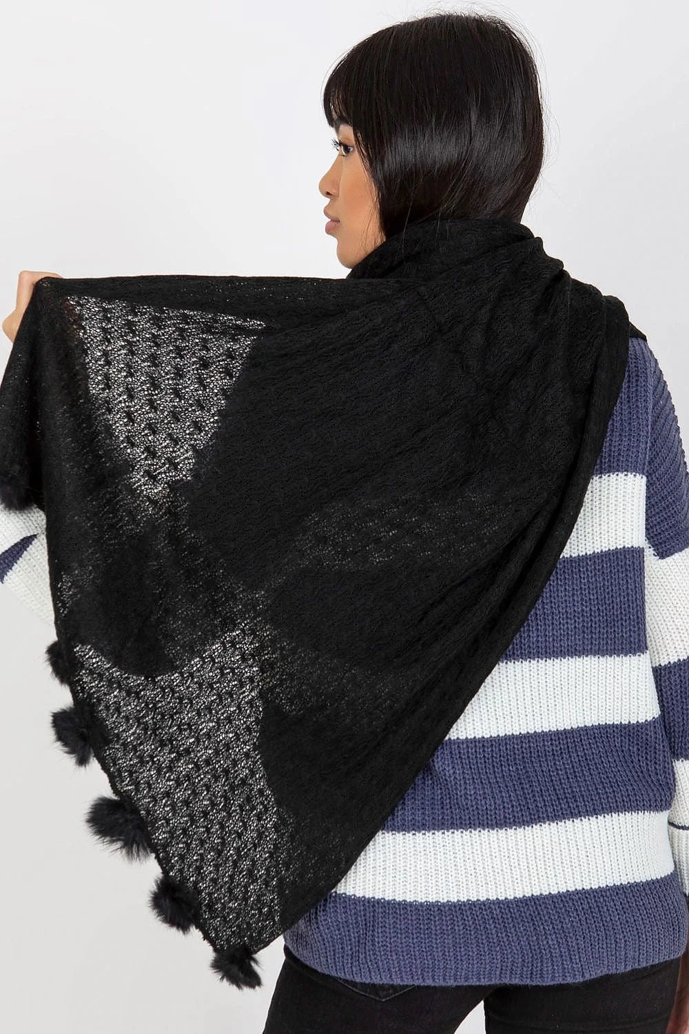 Écharpe pour femme élégante en acrylique noire longue à pompons en fausse fourrure douce et chaude pour l'hiver