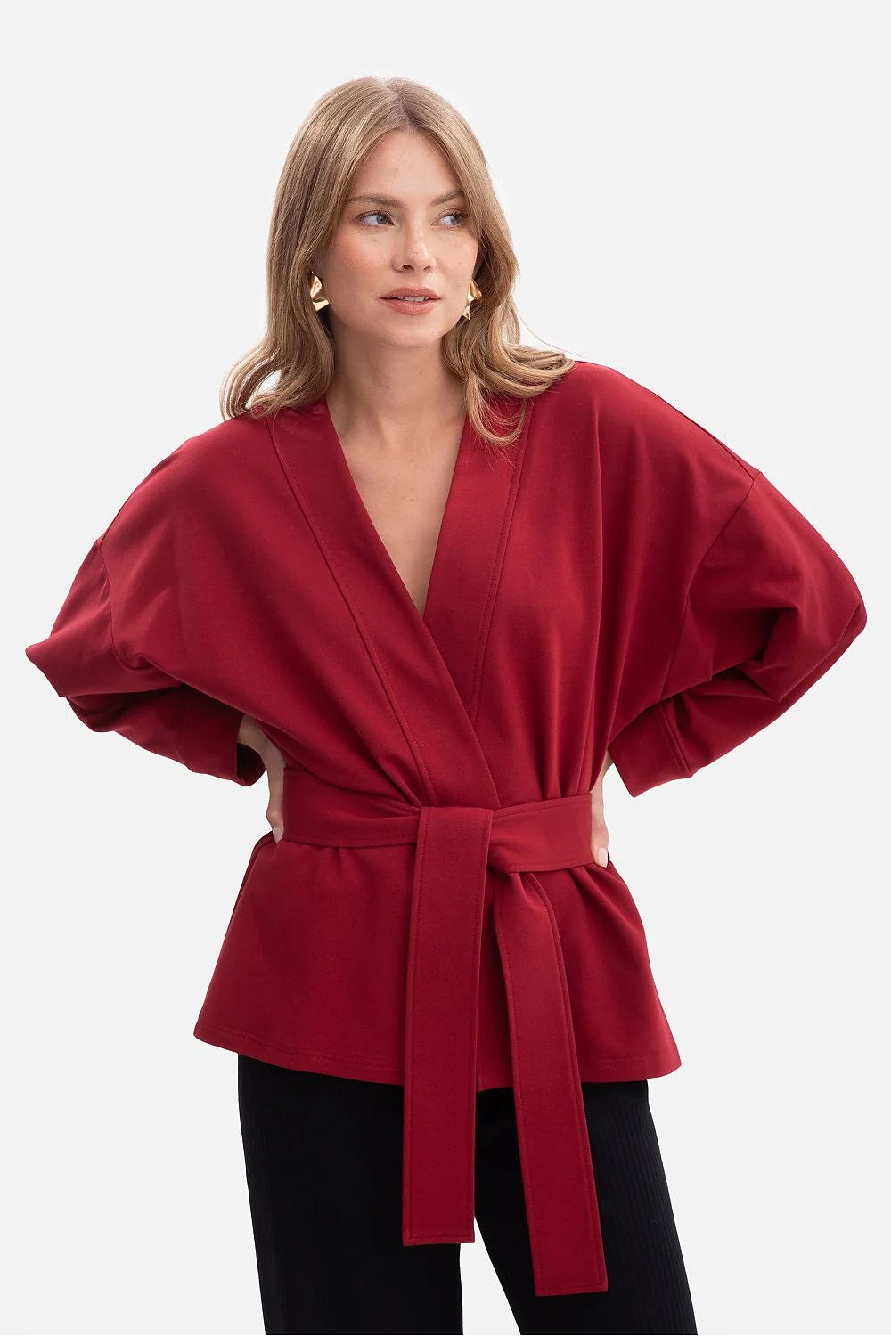 veste sweatshirt femme kimono ceinturée bordeaux profond manches larges dolman encolure V plongeante maille dense tombé structuré ceinture large nouée