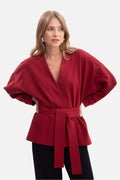 veste sweatshirt femme kimono ceinturée bordeaux profond manches larges dolman encolure V plongeante maille dense tombé structuré ceinture large nouée