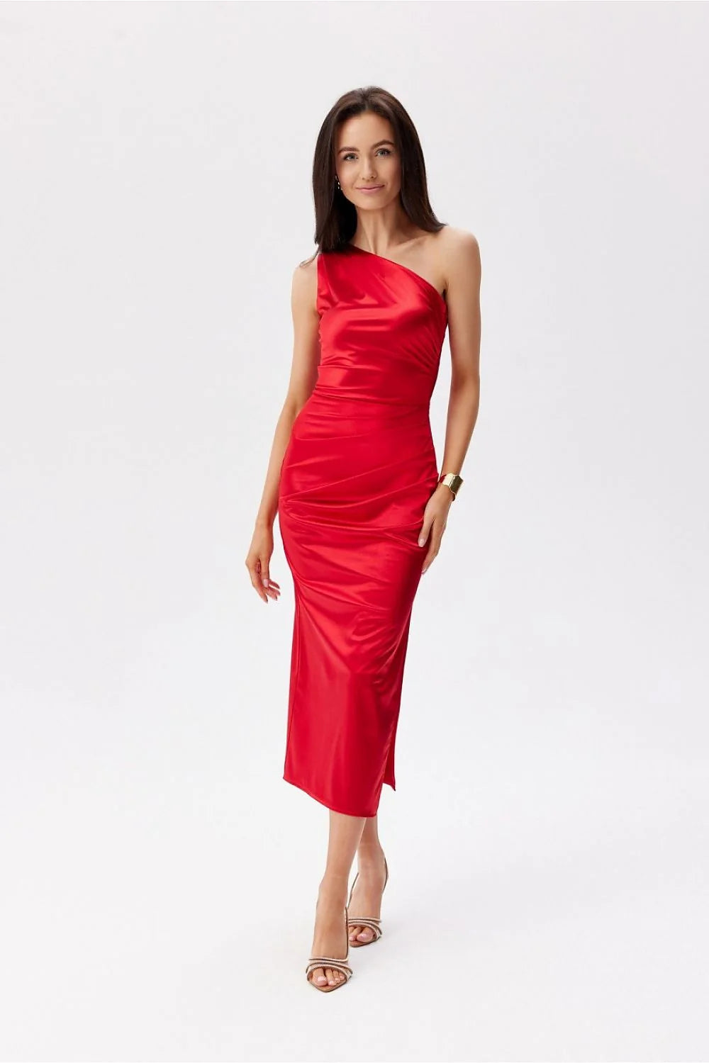 Robe de soirée élégante une épaule satin asymétrique fente jambe taille ajustable femme mode soirée