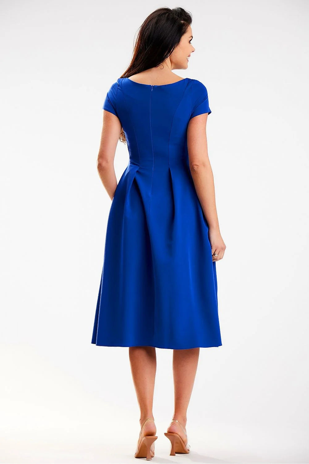 Robe de jour élégante manches courtes encolure bateau jupe midi plissée polyester élasthanne Pologne