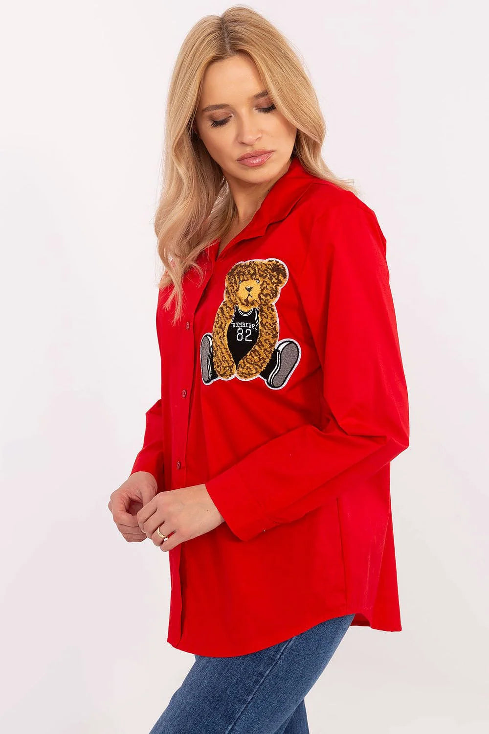 Chemise femme manches longues style casual broderie ours en peluche coton élasthanne confort polyvalente mode moderne coupe ample élégance originalité