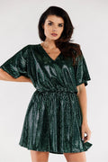 Robe de soirée élégante courte manches courtes décolleté en V paillettes vertes taille ajustable femme