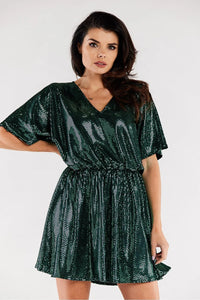 Robe polyester paillettes vert court évasée manches courtes décolleté V ajustable moderne sophistiquée soirée mariage femme
