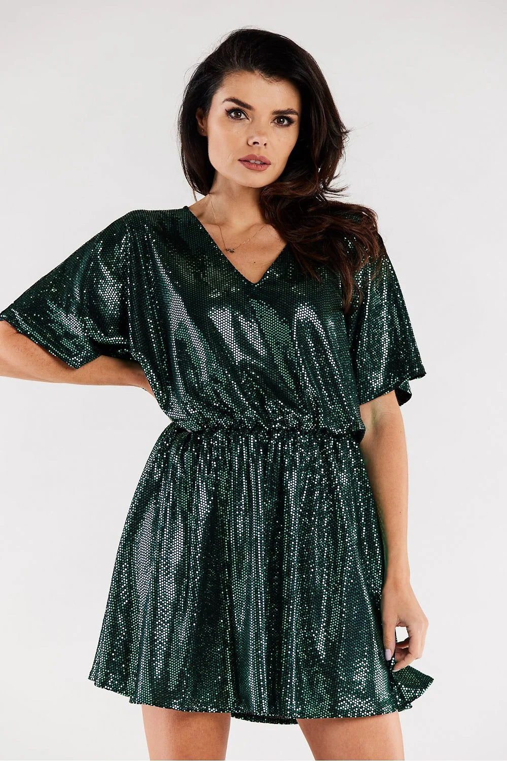 Robe de soirée élégante courte manches courtes décolleté en V paillettes vertes taille ajustable femme
