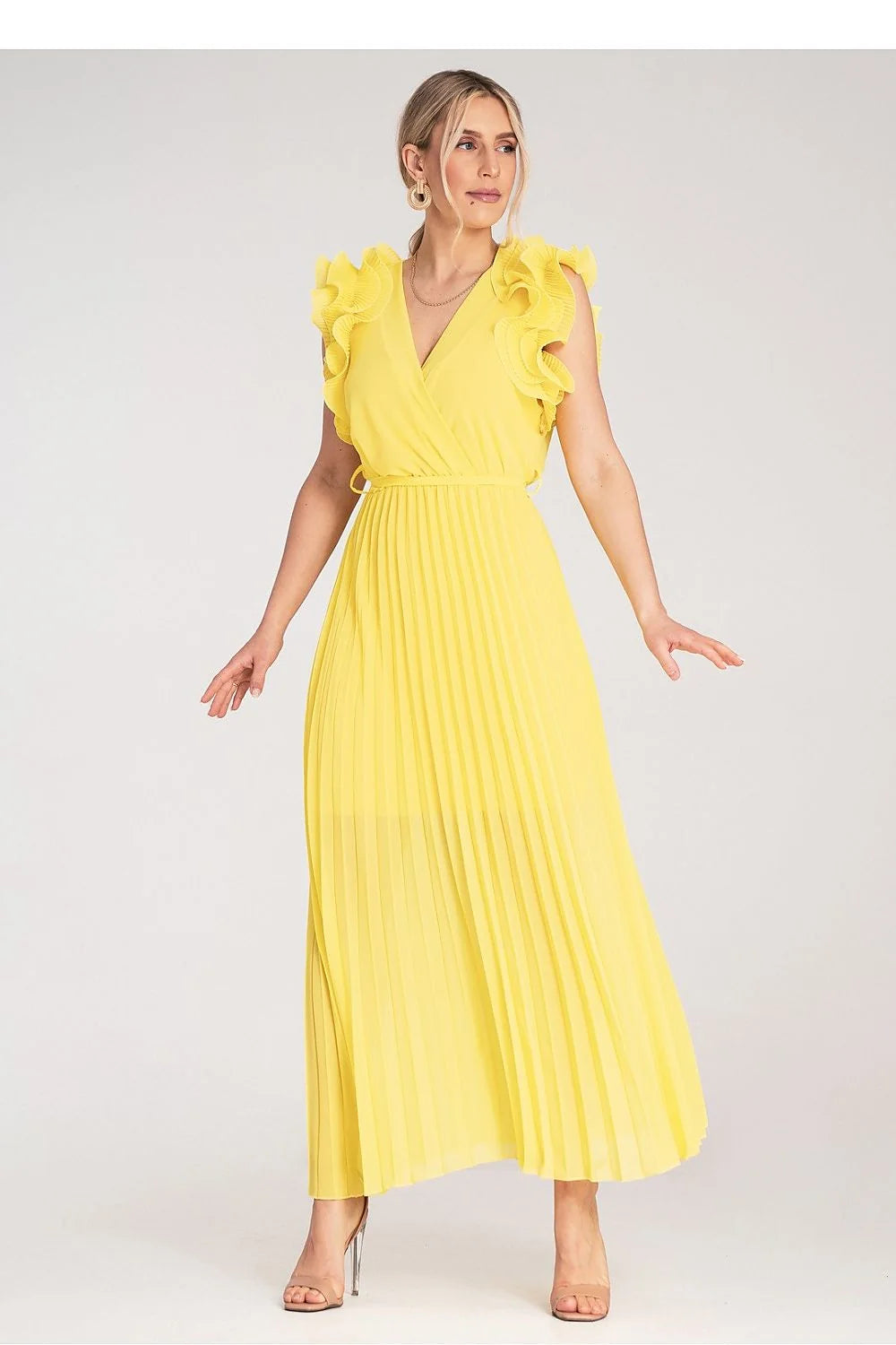 Robe de cocktail jaune vif sans manches volants taille ajustable polyester léger robe longue pour femme soirée été