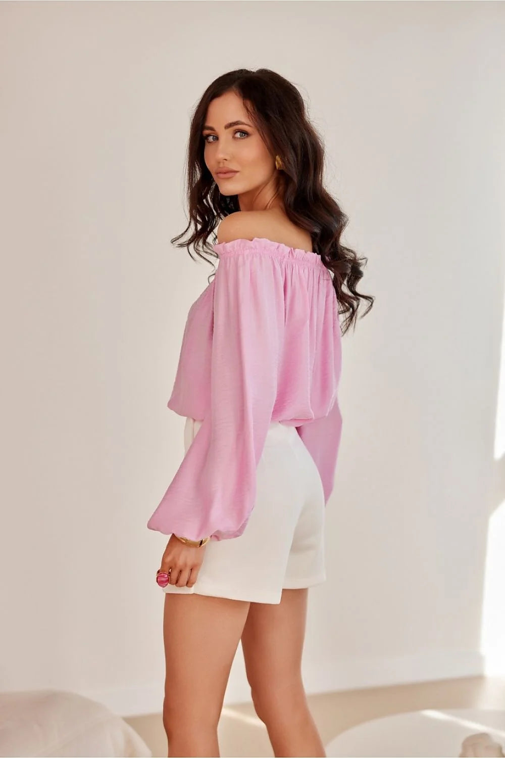 Chemisier Roco Fashion boho chic longues manches bouffantes élastiquées décoration florale rose clair femme