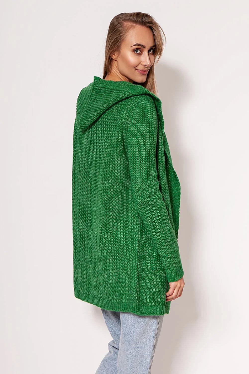 Cardigan long ouvert pour femme en tricot maille rouge vif coupe ample épaules tombantes manches longues poches intégrées matières mixtes acrylique polyester laine