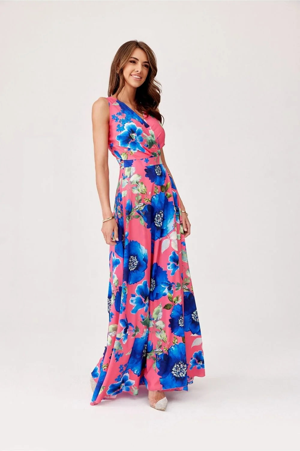 Robe de jour Roco Fashion longue motif floral bleu rose V neckline bretelles fines taille ajustée occasion spéciale femme