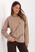 sweatshirt femme casual oversize beige taupe coton polyester manches longues col rond broderies imprimé script lettrage léger quotidien