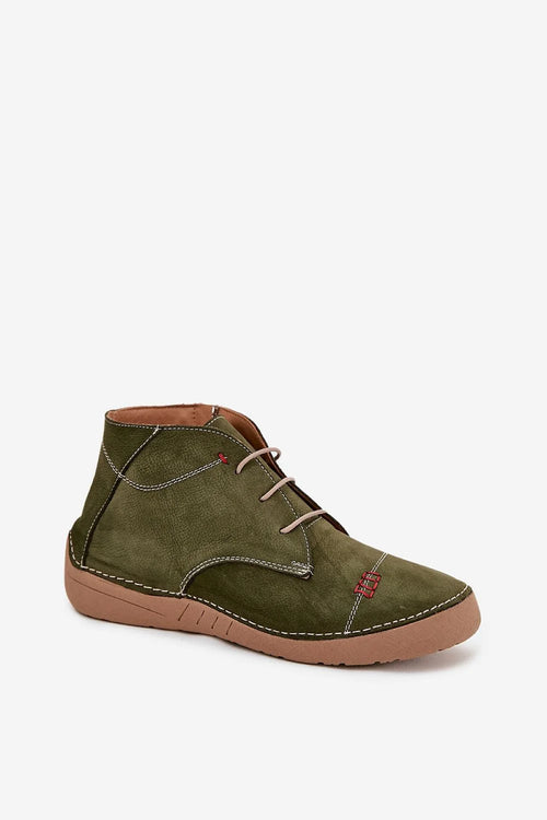 Artiker bottines femme daim olive cheville bout pointu lacets zip surpiqûres contrastantes blanches détail rouge semelle épaisse caoutchouc