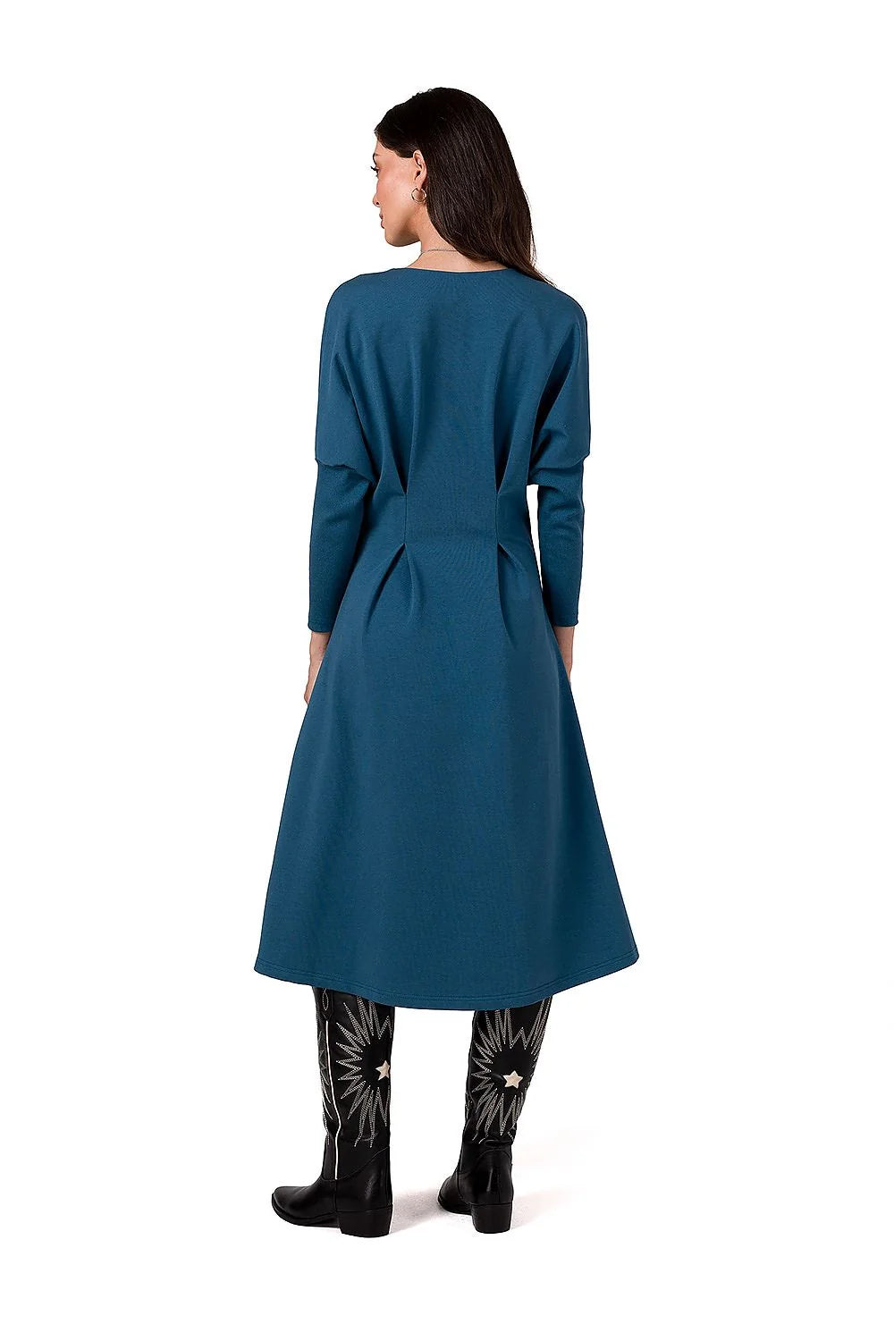 Robe élégante en bleu sarcelle pour femme, coupe A, manches longues, encolure V, matière douce, confortable, occasion多种