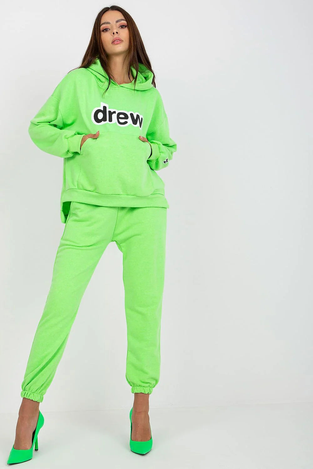 Ensemble Ex Moda Femme Sweat à Capuche et Joggers Coupe Oversize en Coton-Polyester Vert Vif