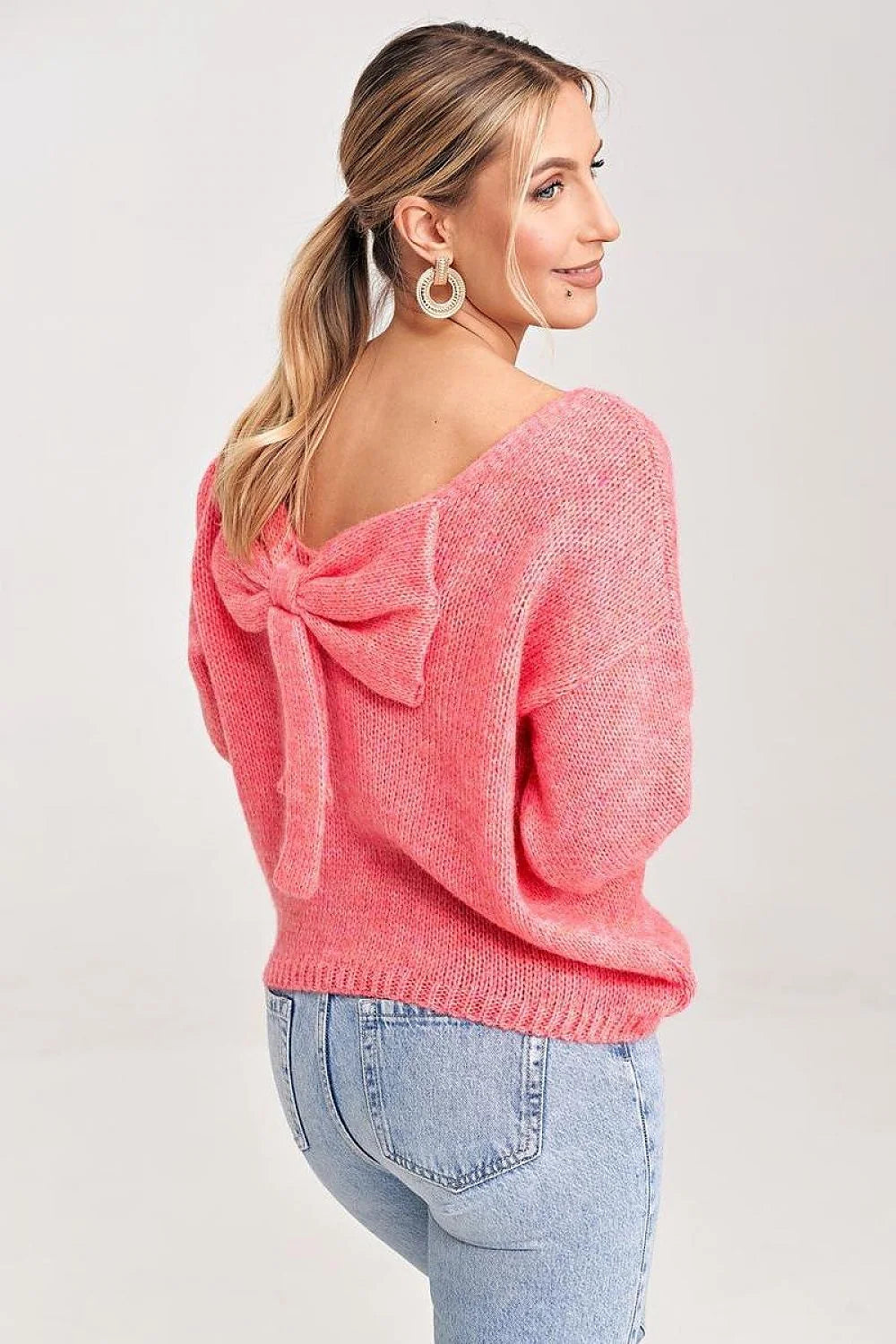 Pull femme style décontracté rose vif manches 3/4 dos coupé V nœud décoratif acrylique nylon polyester laine