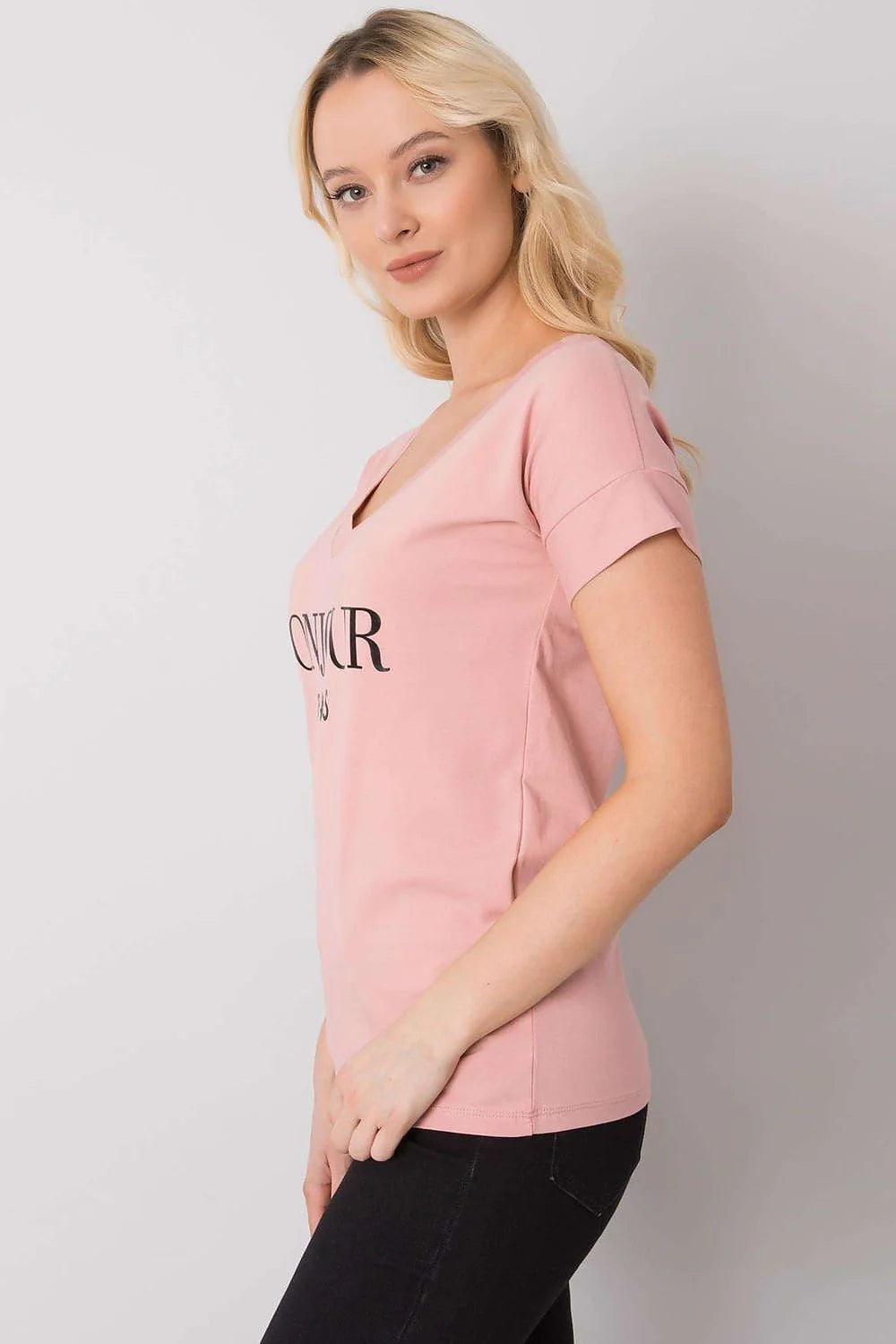 T-shirt Fancy pour femme, style urbain Paris, coton élasthanne, coupe ajustée, col V, inscription 'BONJOUR PARIS', manches courtes, rose pâle