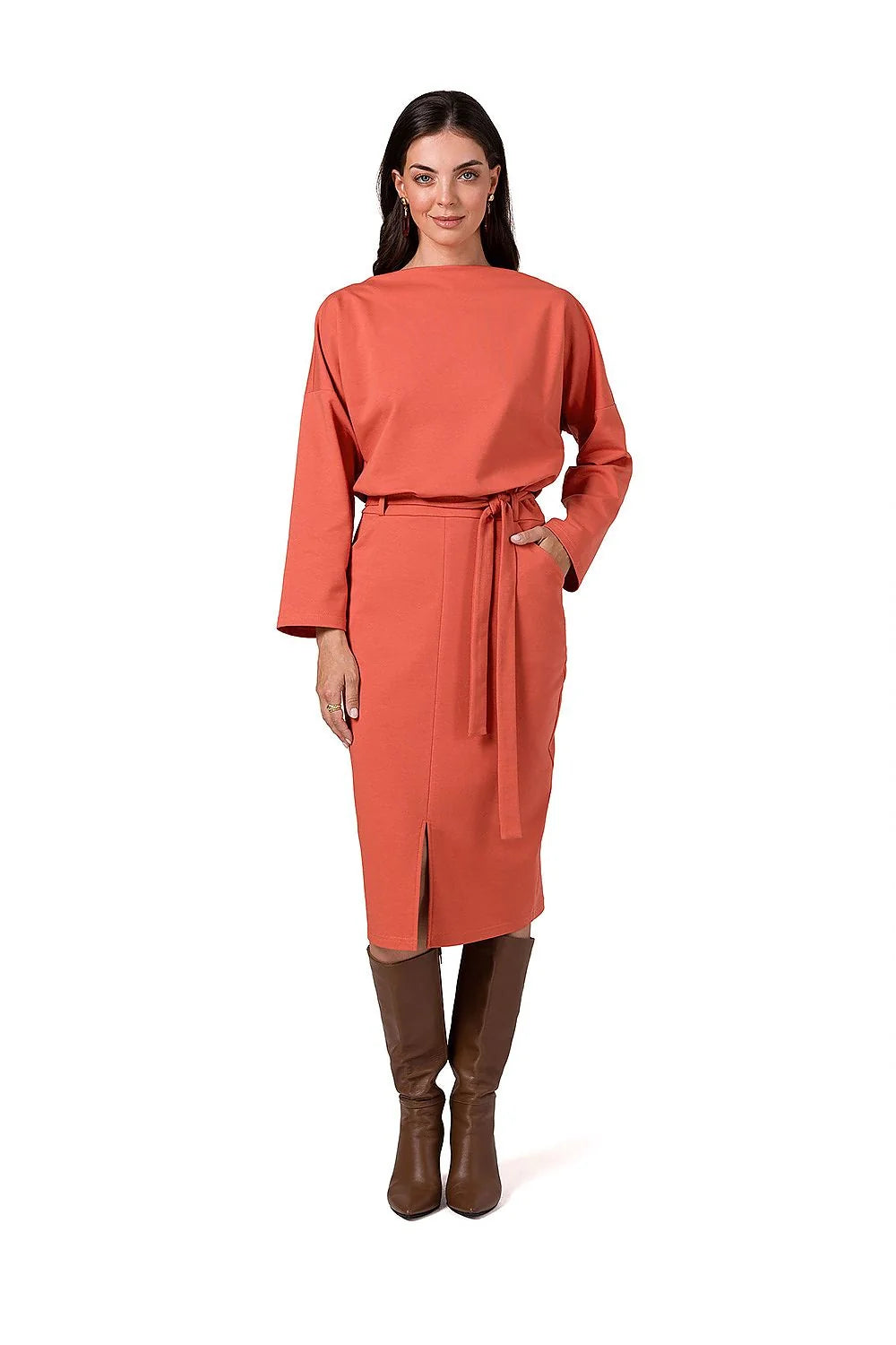 Robe de jour Be Wear deux pièces élégante couleur terracotta coton jersey coupe kimono ceinture inclus occasion semi-formelle femme